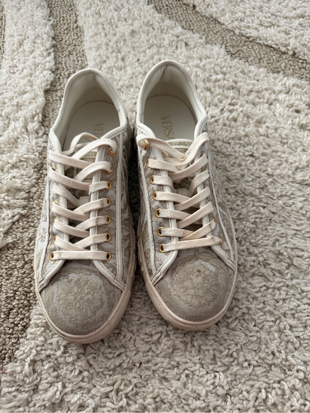 Versace Cream and Gold Low-Top Logo Jacquard Sneakers